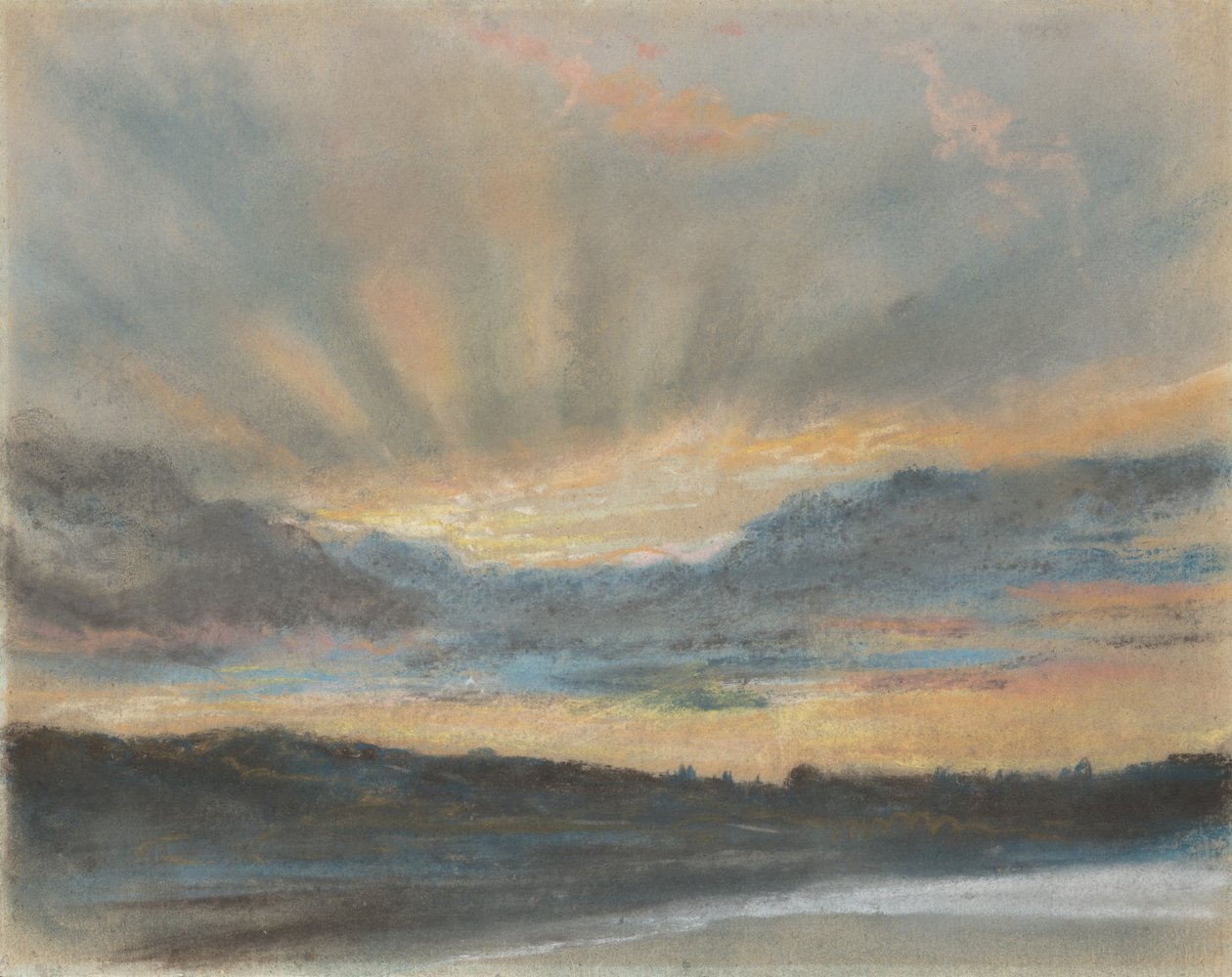 Solnedgang, ca. 1850 (pastell på papir montert om bord) av Ferdinand Victor Eugene Delacroix