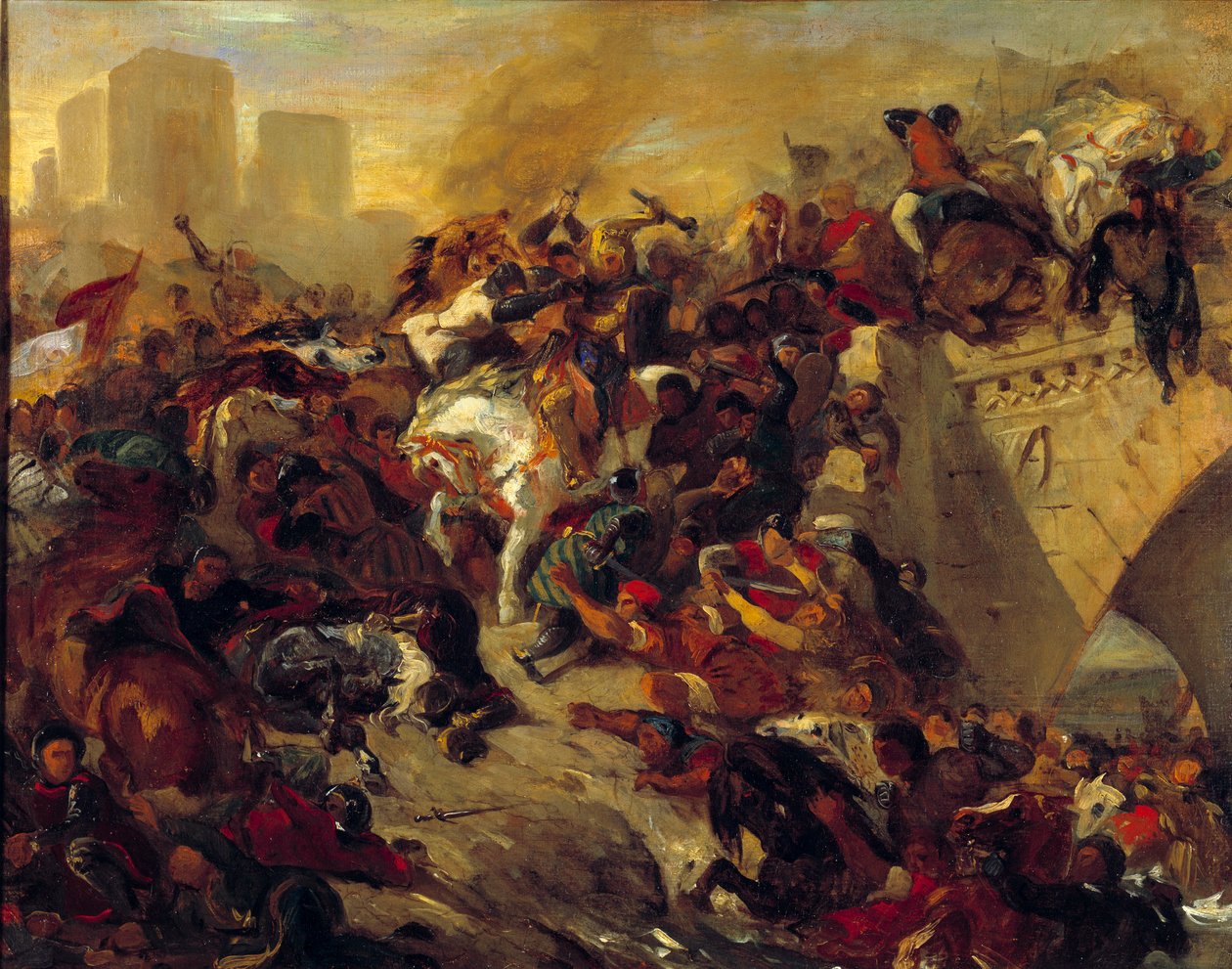 Slaget ved Taillebourg vunnet av Saint Louis den 21. juli 1242. Taillebourg, en strategisk passasje mellom Nord-Frankrike og sør, ved broen bygget over Charente, står imot de kapetiske troppene til kongen av Frankrike Saint Louis og hans bror t. av Ferdinand Victor Eugene Delacroix