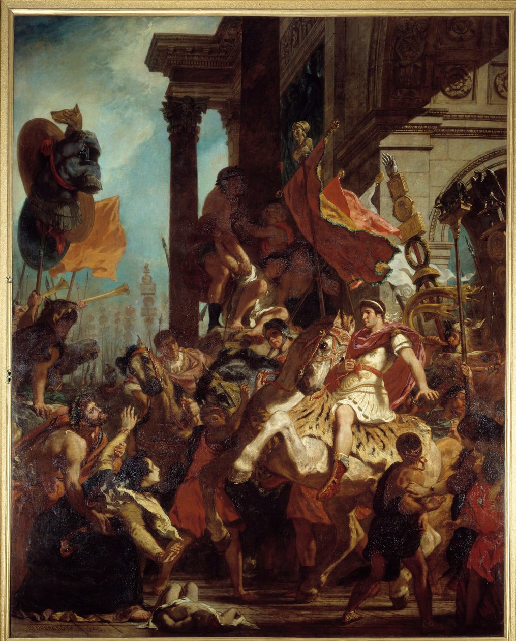 The Justice of Trajan En enke hvis sønn ble drept søker rettferdighet fra keiser Trajanus (Marcus Ulpius Trajanus, 53-117) på vei til krig. Illustrasjon av Puragatory i "" La Divina Commedia"" (Divine Comeide) av Dante Alighieri (1265-1321) Maleri av Eug av Ferdinand Victor Eugene Delacroix