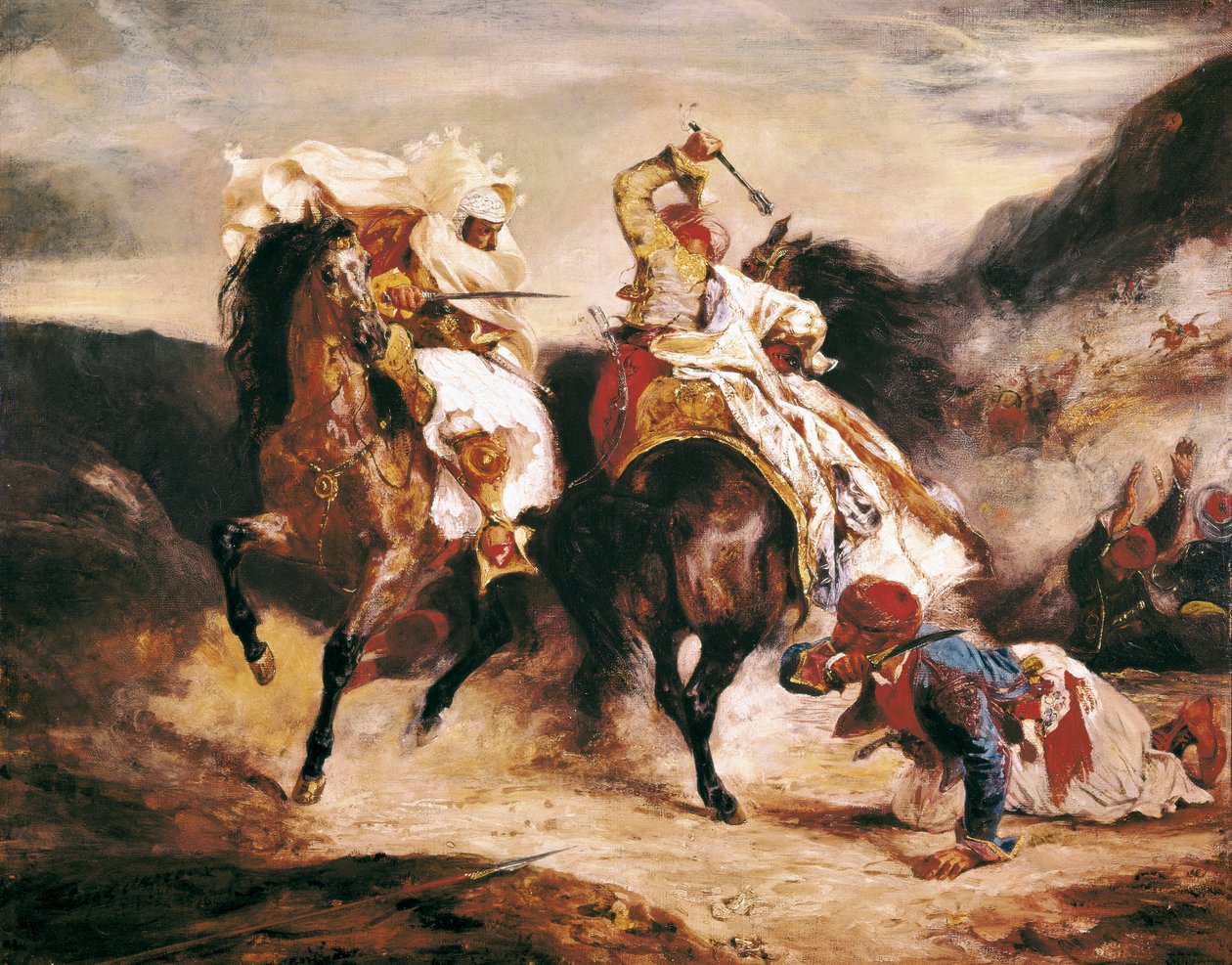 Kampen til Giaour og Pasha. Inspirer fra Lord Byrons dikt "" Le Giaour ". Orientalismemaleri av Eugene Delacroix (1798–1863) av Ferdinand Victor Eugene Delacroix