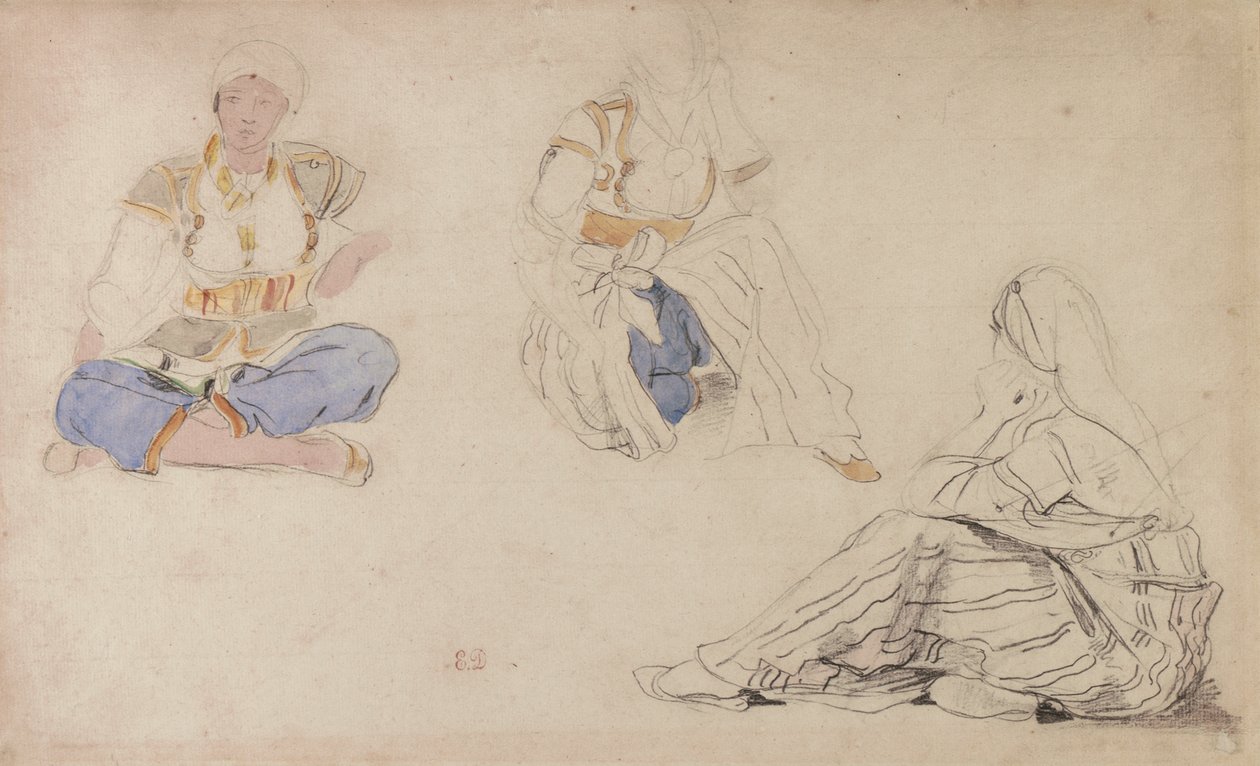 Tre studier av en sittende marokkansk jente (svart bly og akvarell på papir) av Ferdinand Victor Eugene Delacroix