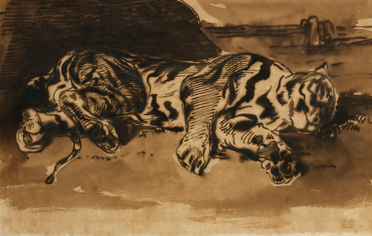 Tiger som ligger nede; Tigre Couche, 1858 av Ferdinand Victor Eugene Delacroix