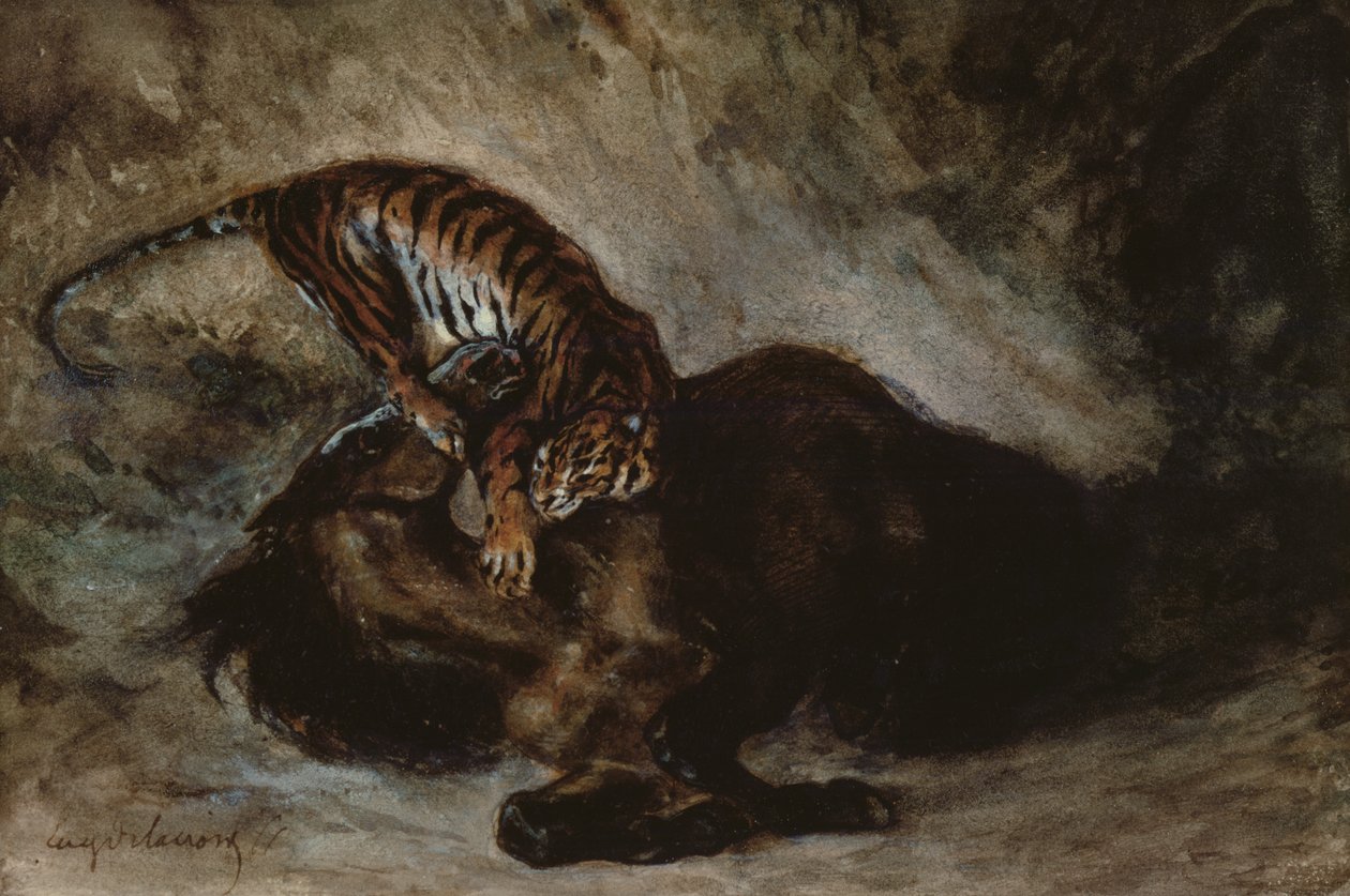Tiger angriper en hest (wc på papir) av Ferdinand Victor Eugene Delacroix