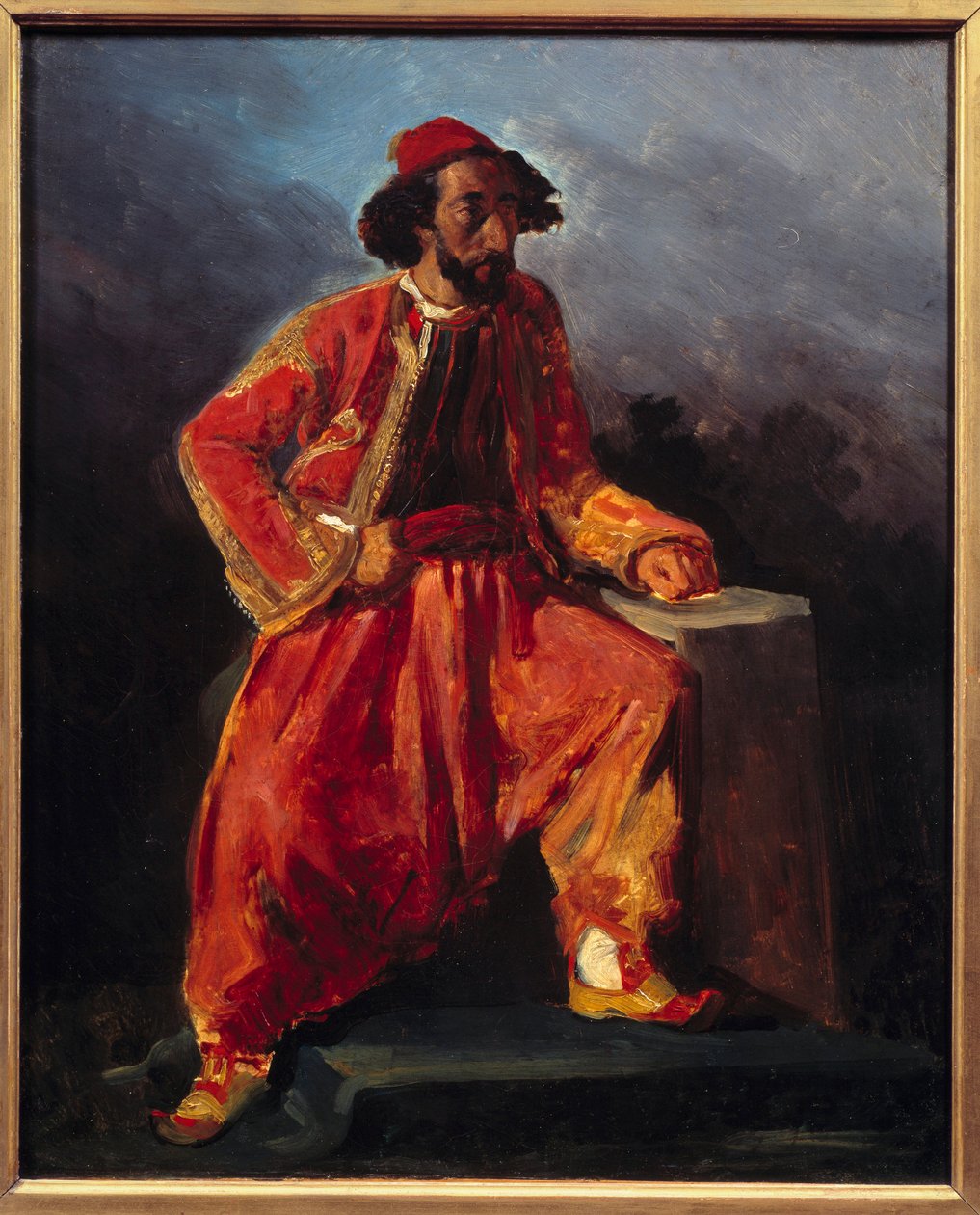 tyrkisk sittende. Antatt portrett av Paul Barroilhet (1805 - 1871) lyrikkkunstner. Maleri av Eugene Delacroix (1798-1863) av Ferdinand Victor Eugene Delacroix