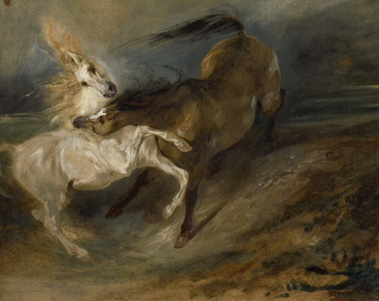 To hester som kjemper i et stormfullt landskap, ca. 1828 av Ferdinand Victor Eugene Delacroix
