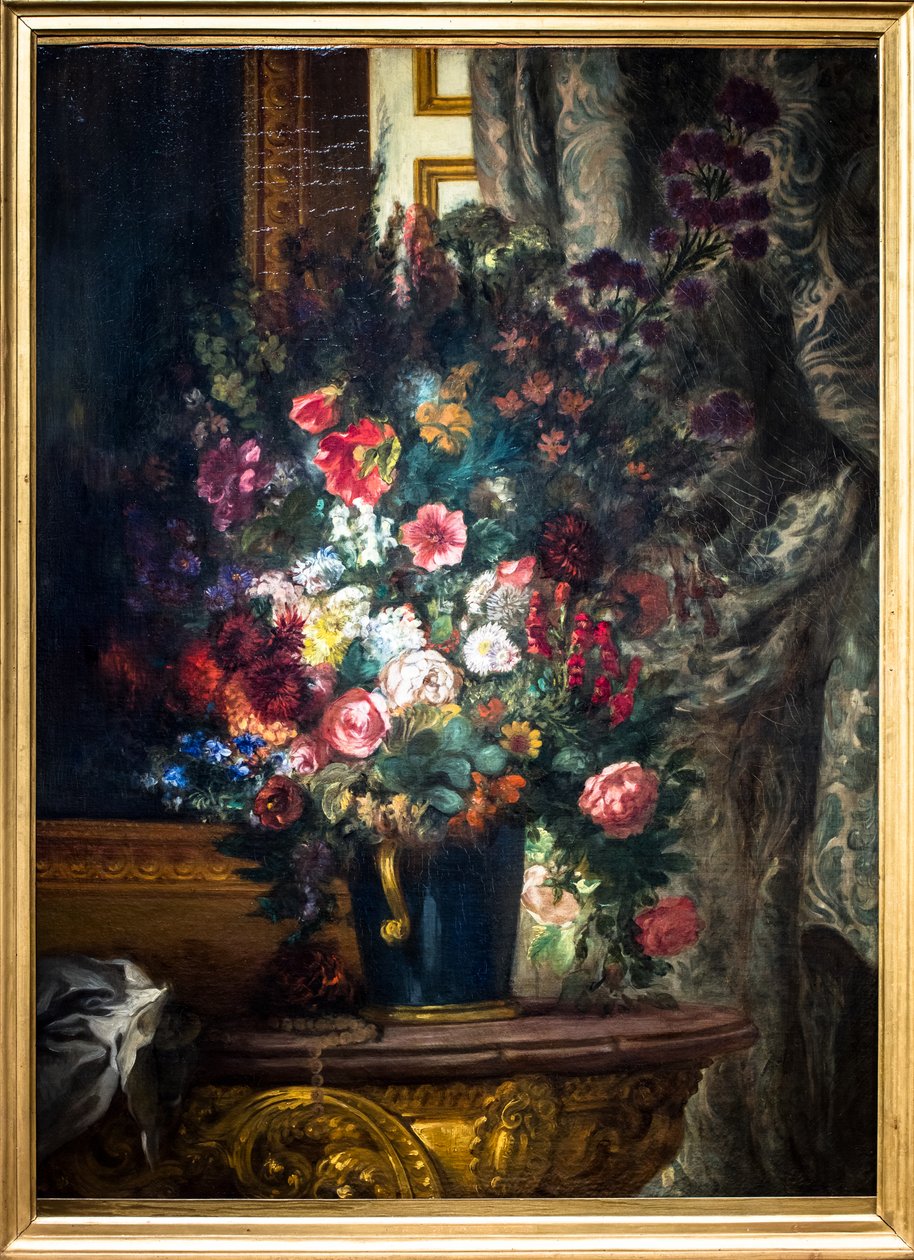 Vase med blomster på en konsoll av Ferdinand Victor Eugene Delacroix