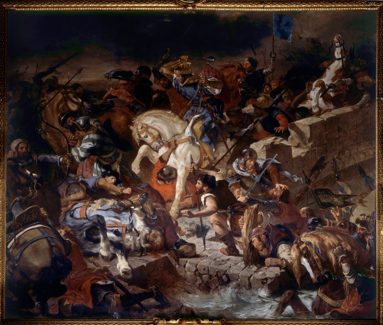 Utsikt over slaget ved Taillebourg vunnet av kong Saint Louis den 21. juli 1242. Slaget mellom Capetian-troppene til kongen av Frankrikes Saint Louis og de av deres vasall-opprør, Henrik III av England og Hugh X av Lusignan. Maleri av Eugene Delacroix (17 av Ferdinand Victor Eugene Delacroix