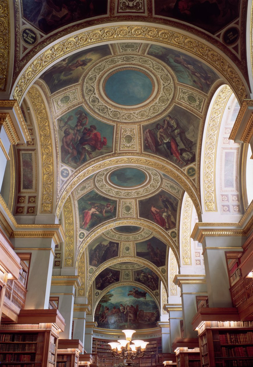 Utsikt over bibliotekets tak med forgylt stukkatur som omgir spandeller som illustrerer bibelske og klassiske scener, 1844 av Ferdinand Victor Eugene Delacroix