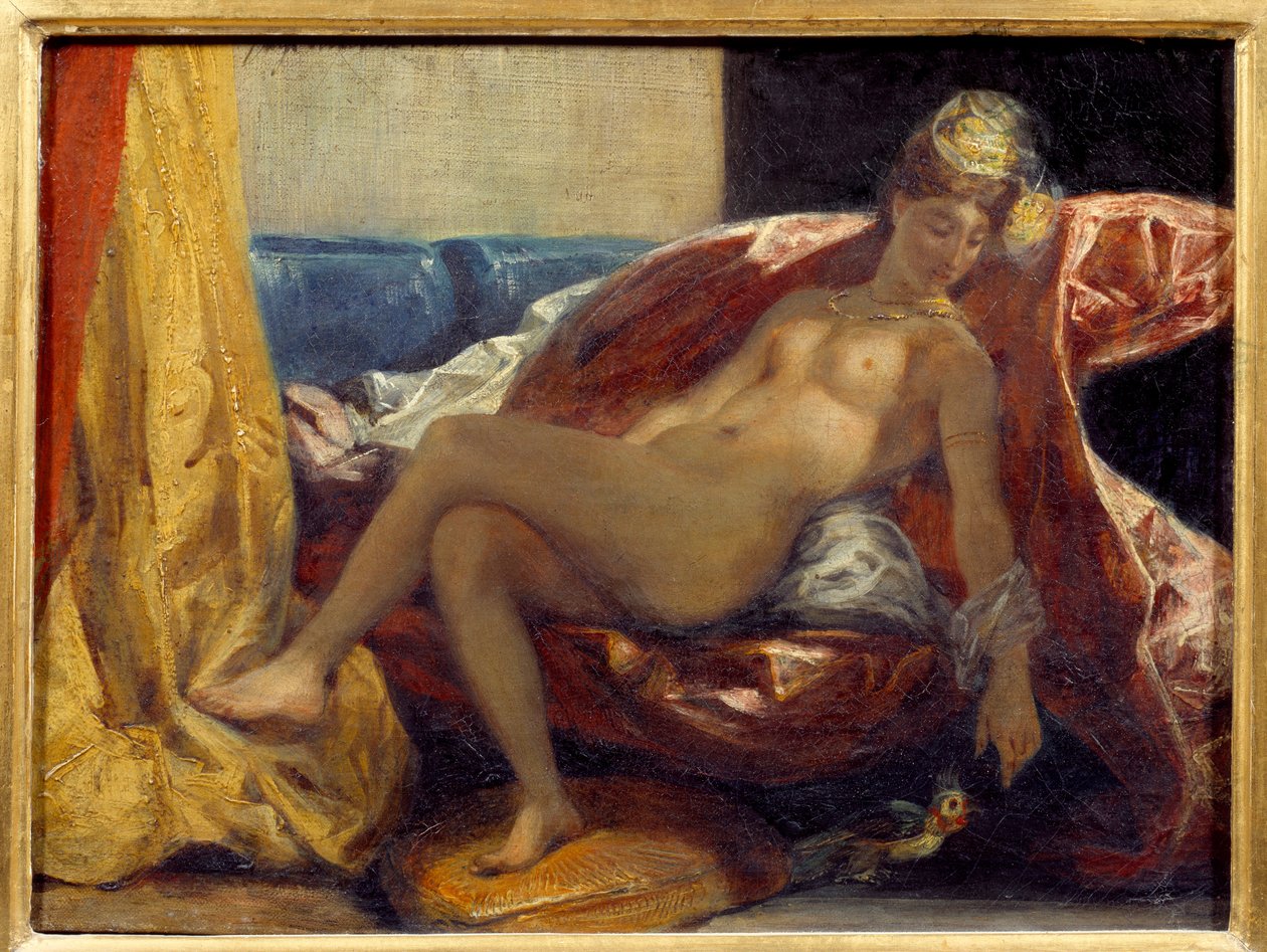 Kvinne som skjærer ut en papegøye. Maleri av Eugene Delacroix (1798-1863) av Ferdinand Victor Eugene Delacroix