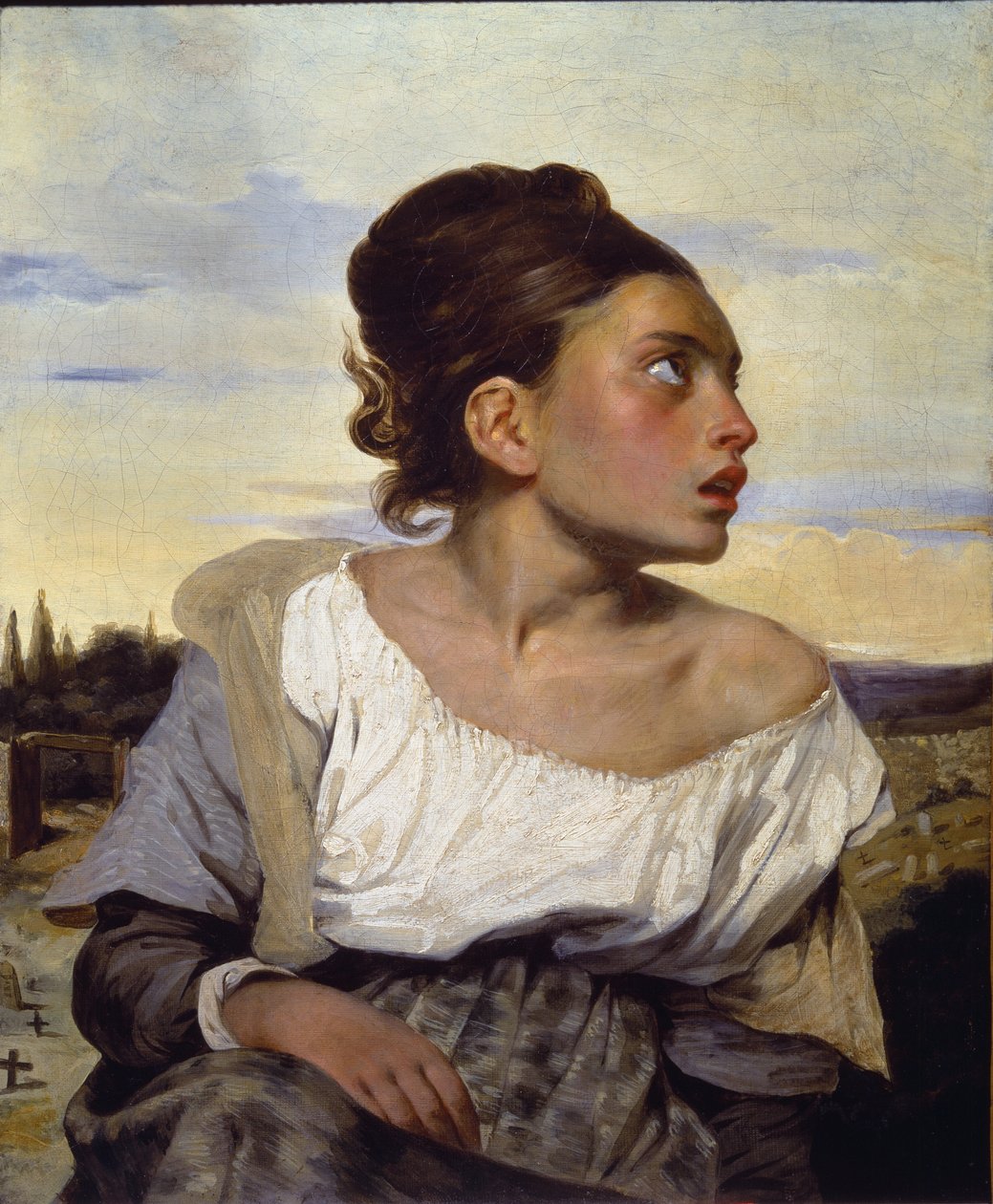 Ung foreldreløs på kirkegården - olje på lerret av Ferdinand Victor Eugene Delacroix