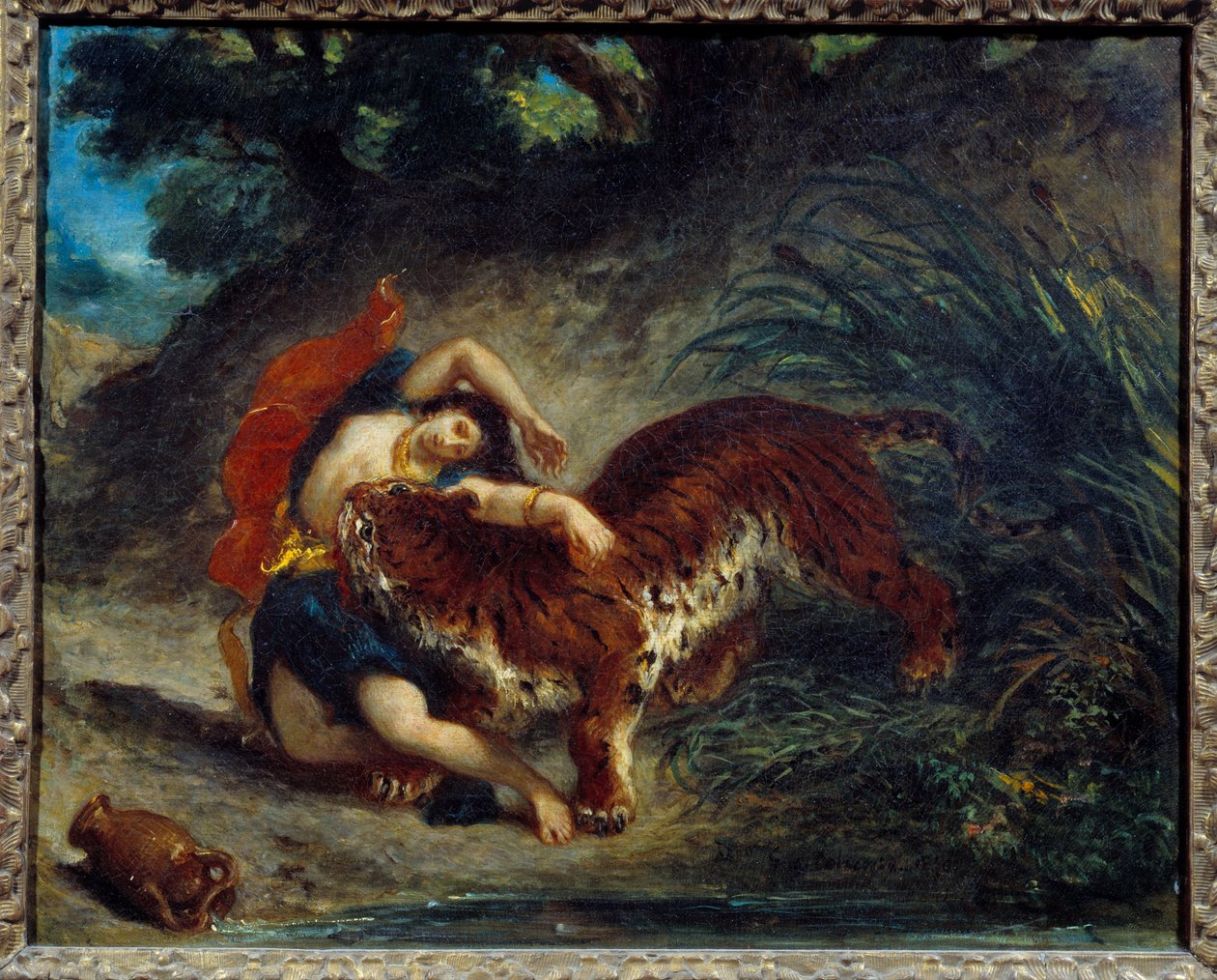 Ung kvinne tatt av en tiger eller indisk bitt av en tiger. Maleri av Eugene Delacroix (1798-1863) av Ferdinand Victor Eugene Delacroix