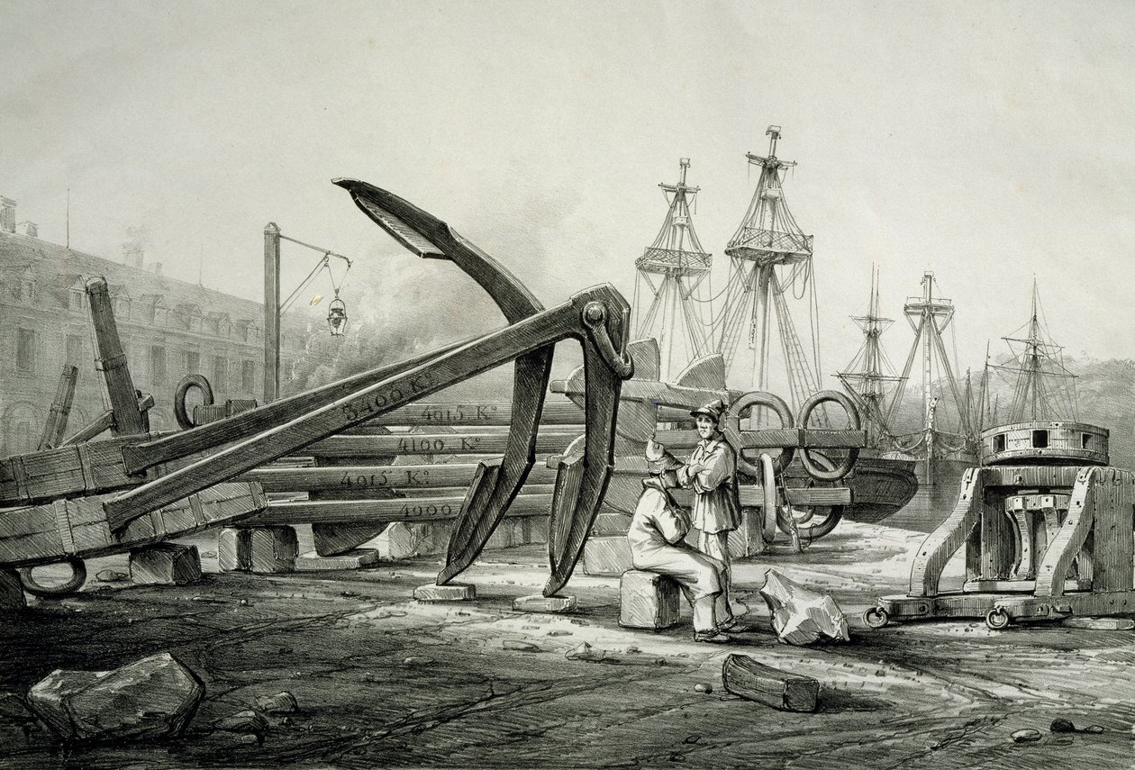 Ankre ved marineverftet, av Ferdinand Perrot, litografi av Ferdinand Victor Perrot