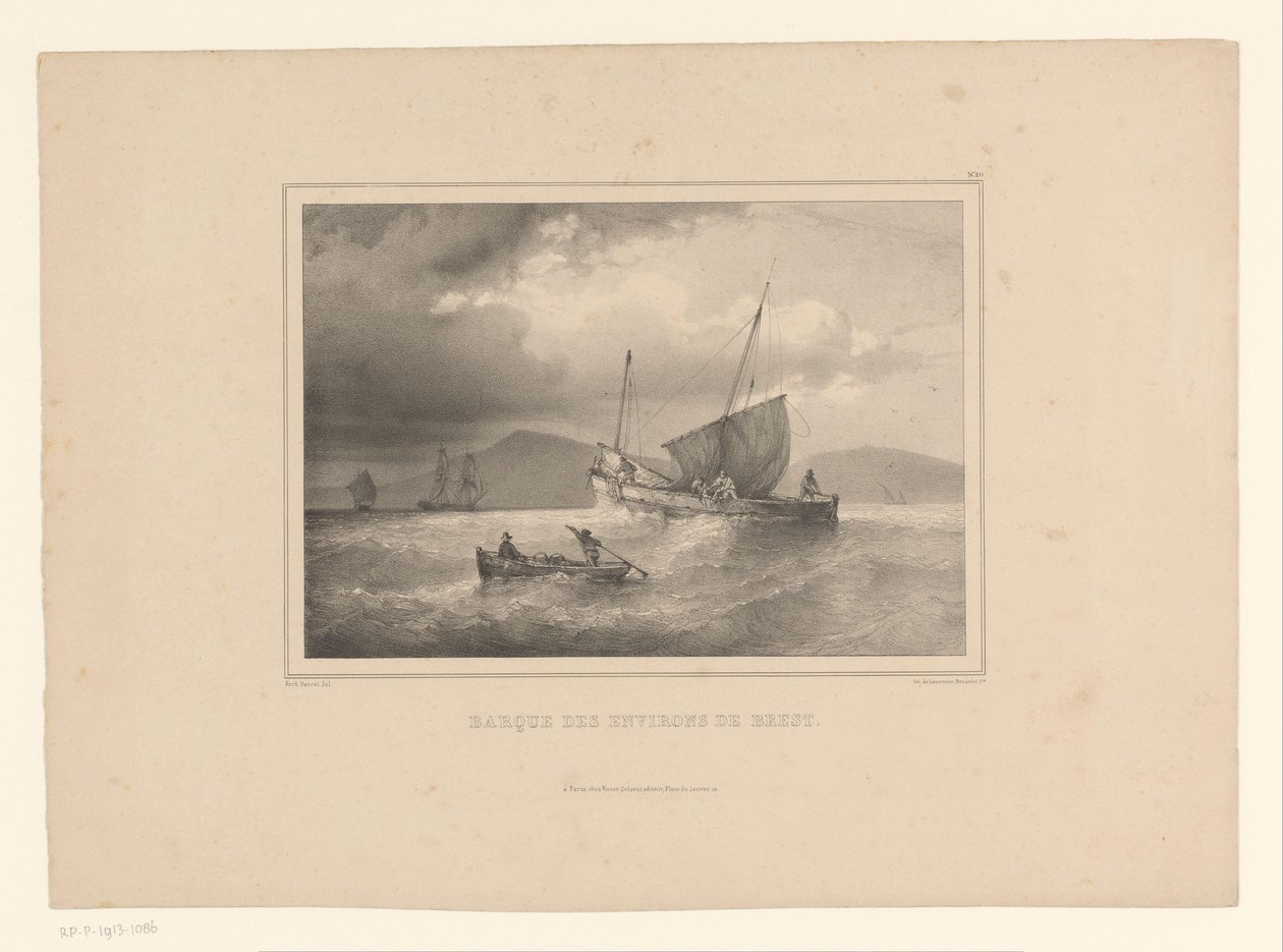 Strandet brigg mellom de høye bølgene Murstein a la cote (tittel på objekt) Naval Studies av Ferdinand Victor Perrot (serietittel) av Ferdinand Victor Perrot