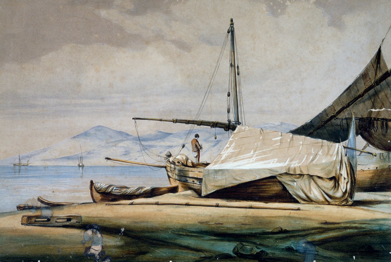 Leudi, ligurisk fiskebåt, fargelitografi av Ferdinand Perrot av Ferdinand Victor Perrot