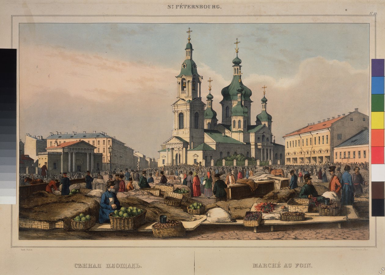 Hay Market og Cathedral of the Assumption of the Mother of God, i St. Petersburg. Verk av Ferdinand Victor Perrot (1808-1841), litografi og akvarell på papir av Ferdinand Victor Perrot