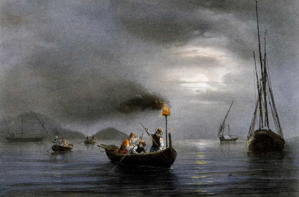 Nattfiske med fiskelampe, farget litografi av Ferdinand Perrot (1808-1841) av Ferdinand Victor Perrot