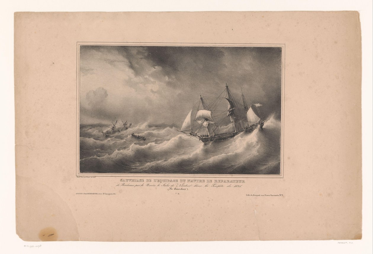 Redding van de bemanning fra skip de Repairer Redning av mannskapet på skipet Le Reparateur, fra Bordeaux av skipet Jules de Nantes i stormen 1825. (Ile Bourbon) (tittel på objekt) Rivieren en zeeën langs av Franse kust (serie tit av Ferdinand Victor Perrot