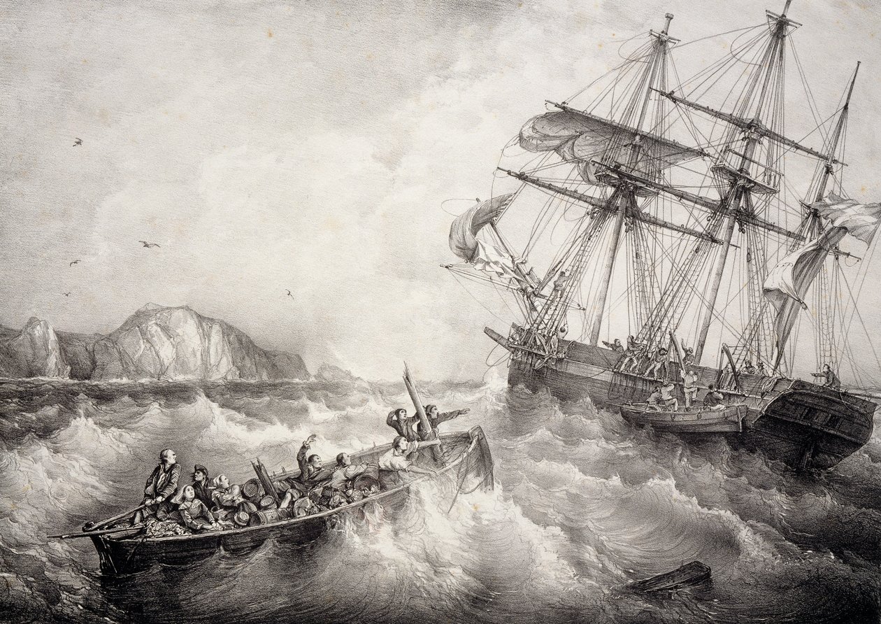 Redning av mannskapet på bretonsk fiskebåt av det svenske skipet Le Neptune, Litografi av Ferdinand Perrot av Ferdinand Victor Perrot