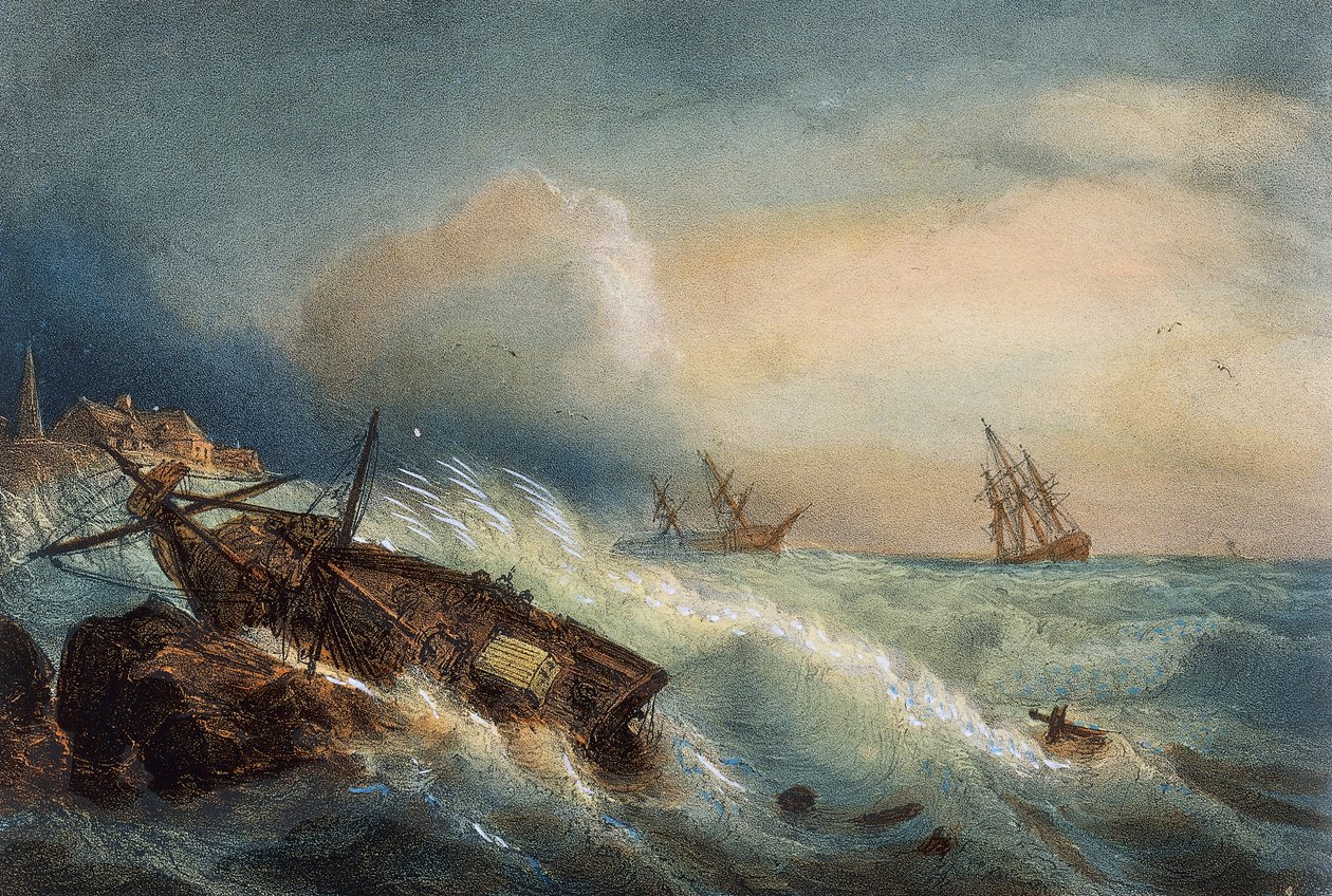 Forlis på kysten av Saint Nazaire, fargelitografi av Ferdinand Perrot, Frankrike av Ferdinand Victor Perrot