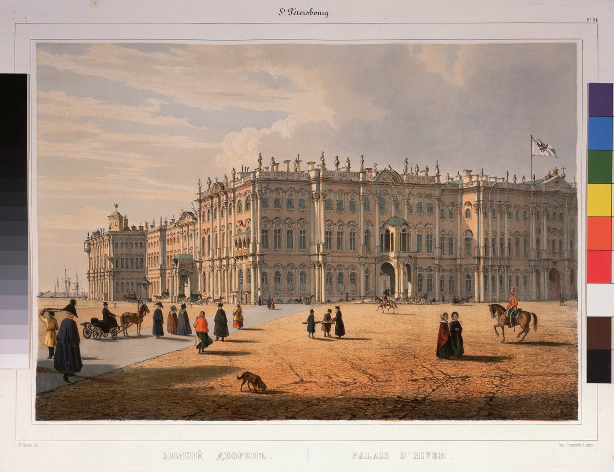 Utsikt over vinterpalasset i St. Petersburg. Verk av Ferdinand Victor Perrot (1808-1841), litografi og akvarell på papir av Ferdinand Victor Perrot