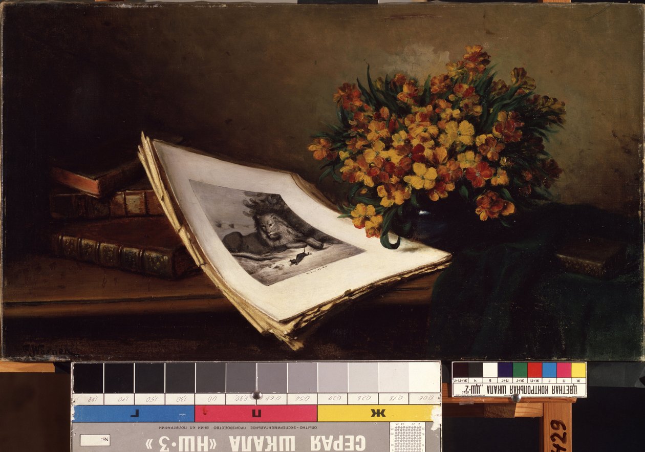 Stilleben med litografi. Maleri av Ferdinand Wagner (1819-1881). Olje på lerret, 48 x 86,5 cm. Tysk kunst fra 1800-tallet. Statens M.K. Ciurlionis kunstmuseum, Kaunas (Litauen). av Ferdinand Wagner