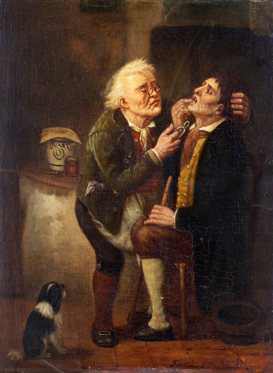 Hos tannlegen - Maleri av Ferdinand de Braekeleer den eldre (1792-1883), olje på tre (39x28,5 cm) av Ferdinand de Braekeleer
