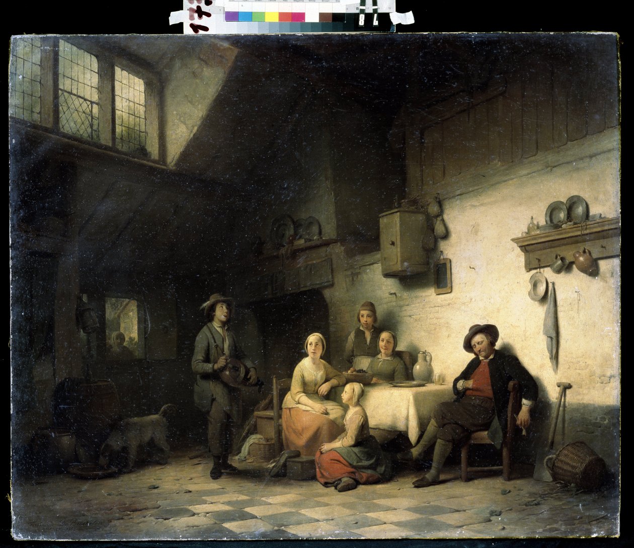 ""Le concert prive"" (Huskonsert) En familie samlet i et beskjedent interiør i Belgia lytter til en musiker som spiller sløyfe. Maleri av Ferdinand de Braekeleer den eldre (1792-1883) Mikhail Kroshitsky kunstmuseum fra 1800-tallet, Sevastopol (Se av Ferdinand de Braekeleer