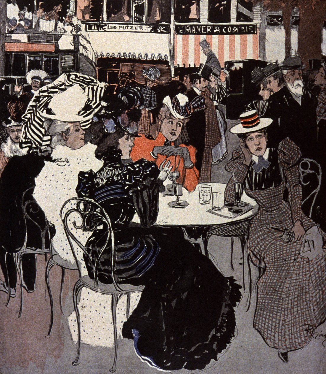 Kvinne snakker ved et bord utenfor en kafé. Illustrasjon av Von Reznicek i: Simplicissimus, Tyskland av Ferdinand von Reznicek