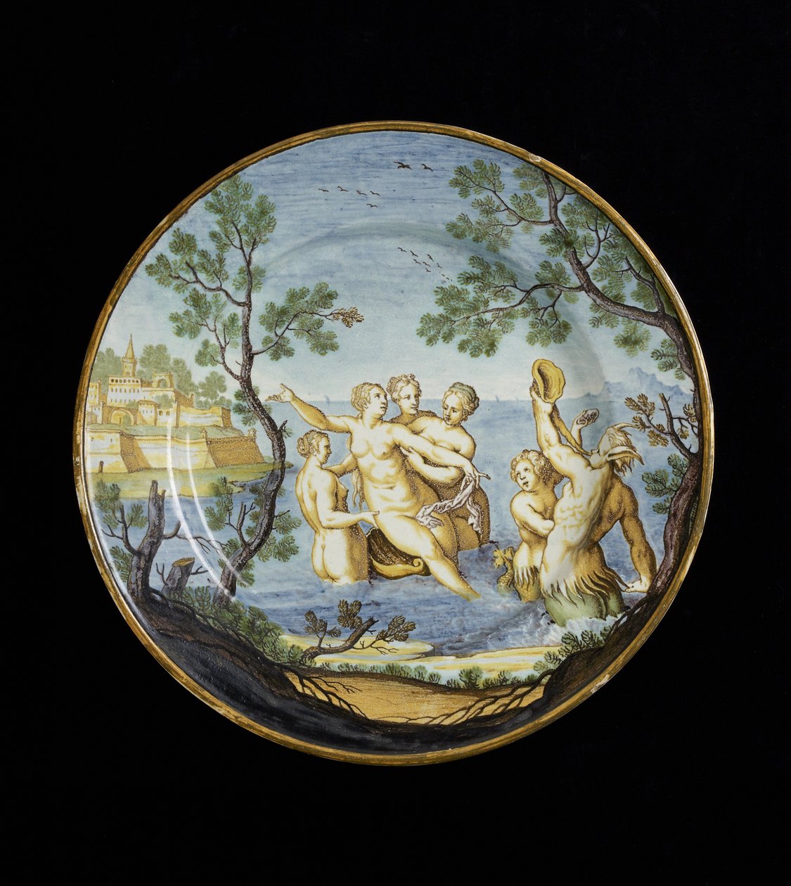 Tallerken med amfitritt og nymfer, ca. 1730 - 1750 (tinnglasert keramikk, maiolica) av Ferdinando Maria Campani