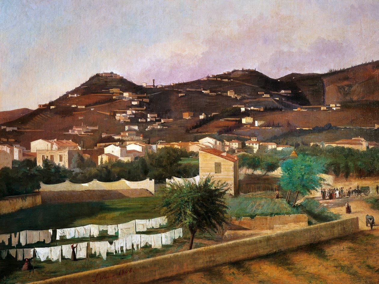View of Hill of Fiesole av Ferdinando Buonamici (1820-92), olje på lerret, 88x119 cm av Ferdinando Buonamici