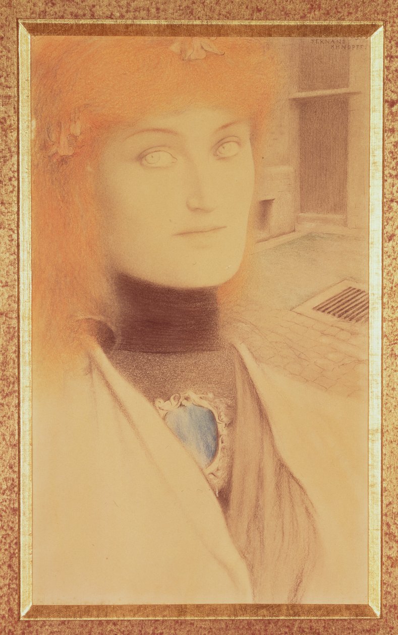 Hvem skal levere meg (farget blyant på papir) av Fernand Khnopff