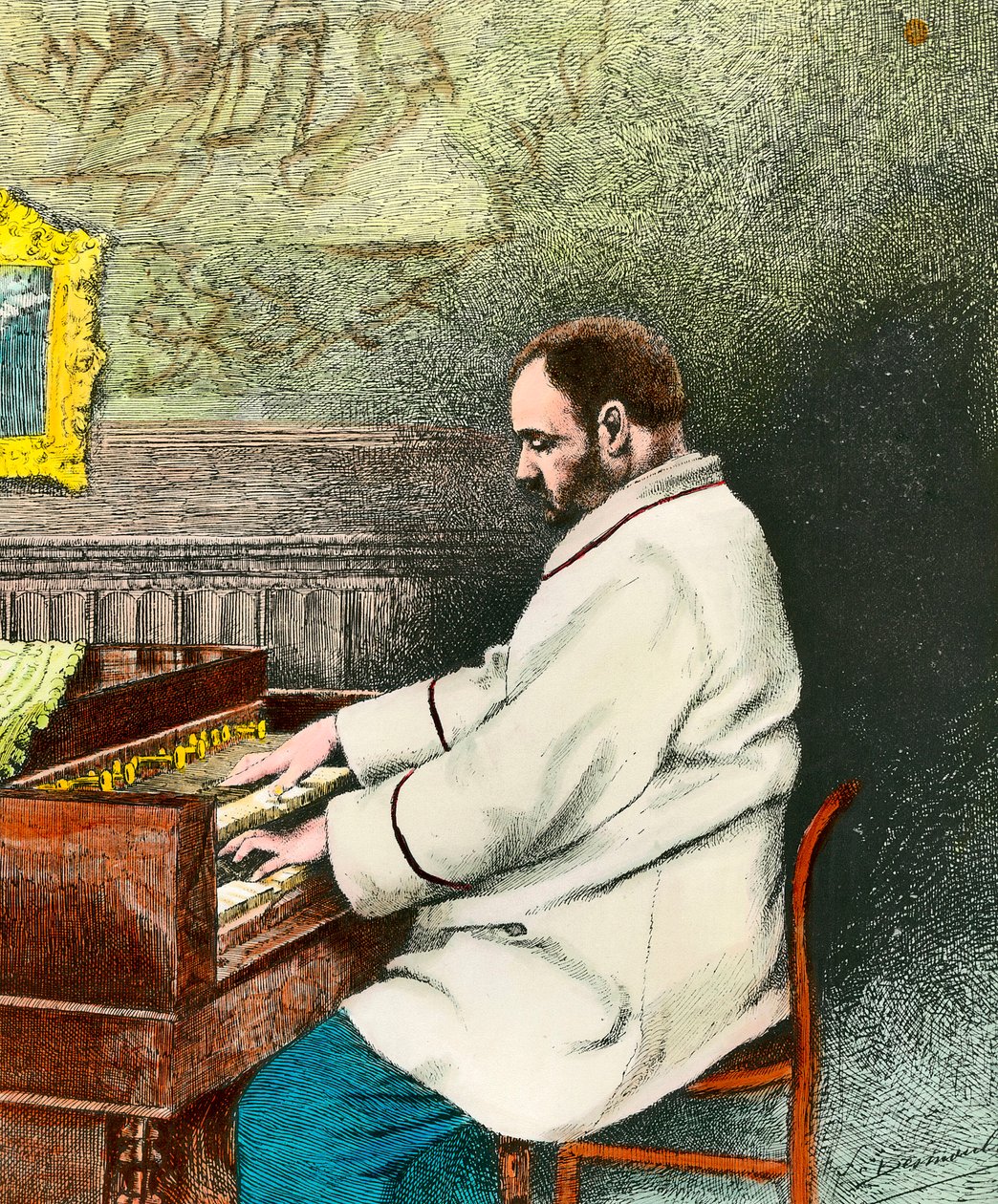 Portrett av Emile Zola (1840-1902) som spiller orgel. Gravering av Desmoulin (1800-tallet). Coll. Kom deg ut. av Fernand Desmoulin