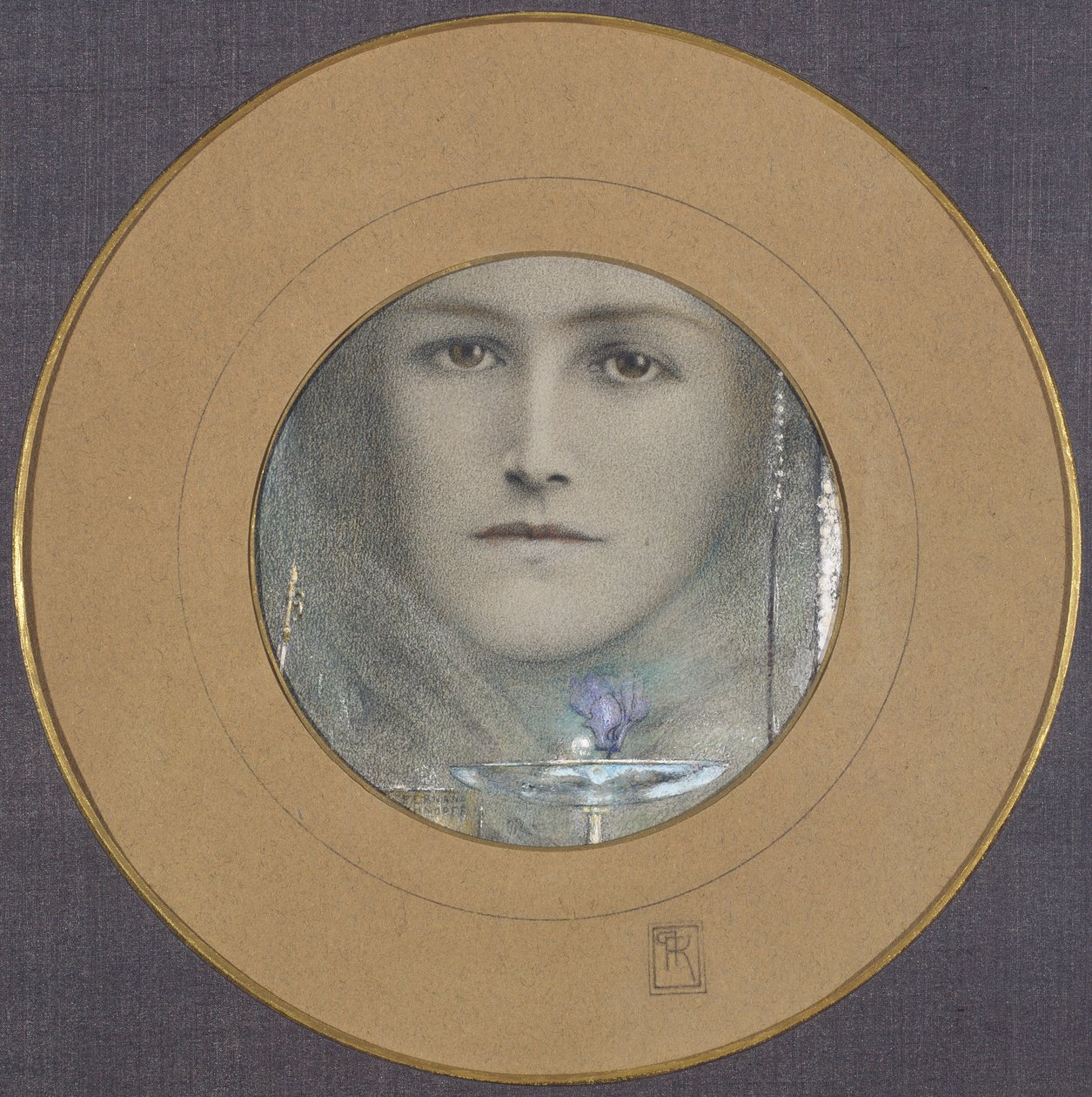 Brune øyne og en blå blomst av Fernand Khnopff
