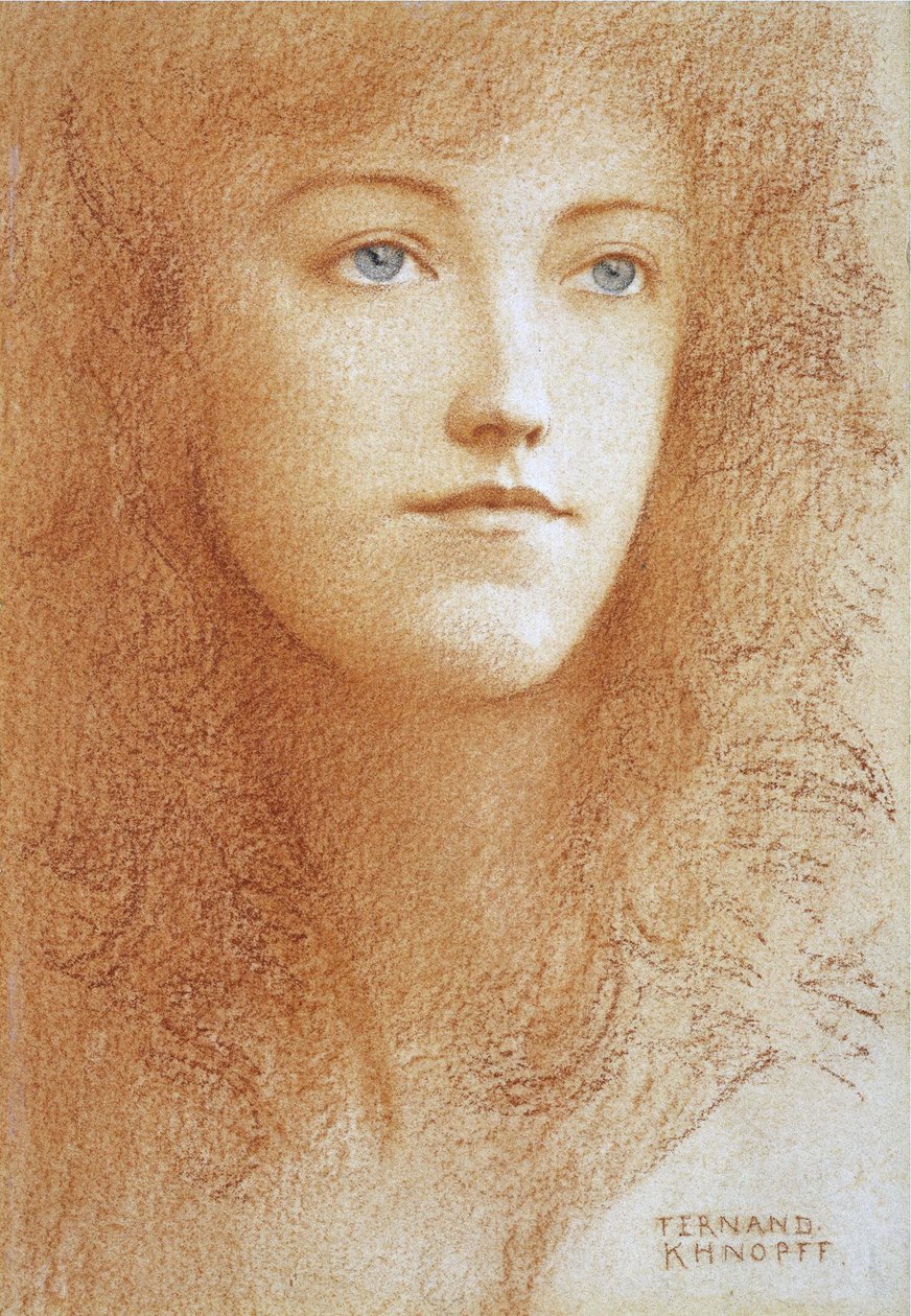 ""Portrett av en ung engelsk kvinne"" Sanguine på papir av Fernand Khnopff (1858-1921) Cirka 1890 privat samling av Fernand Khnopff