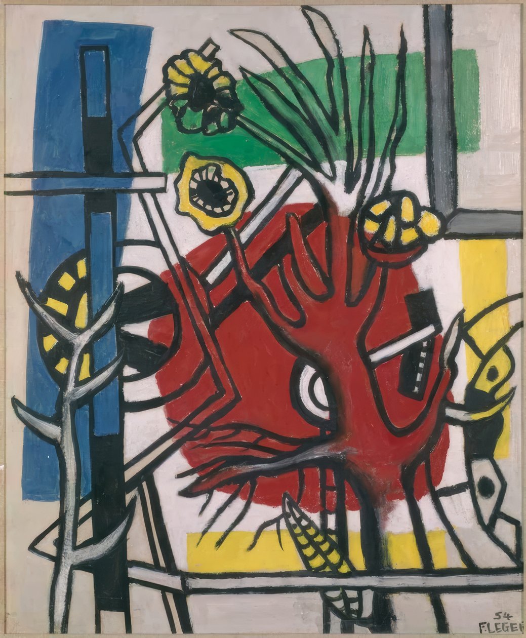 Tre på rød bakgrunn av Fernand Leger