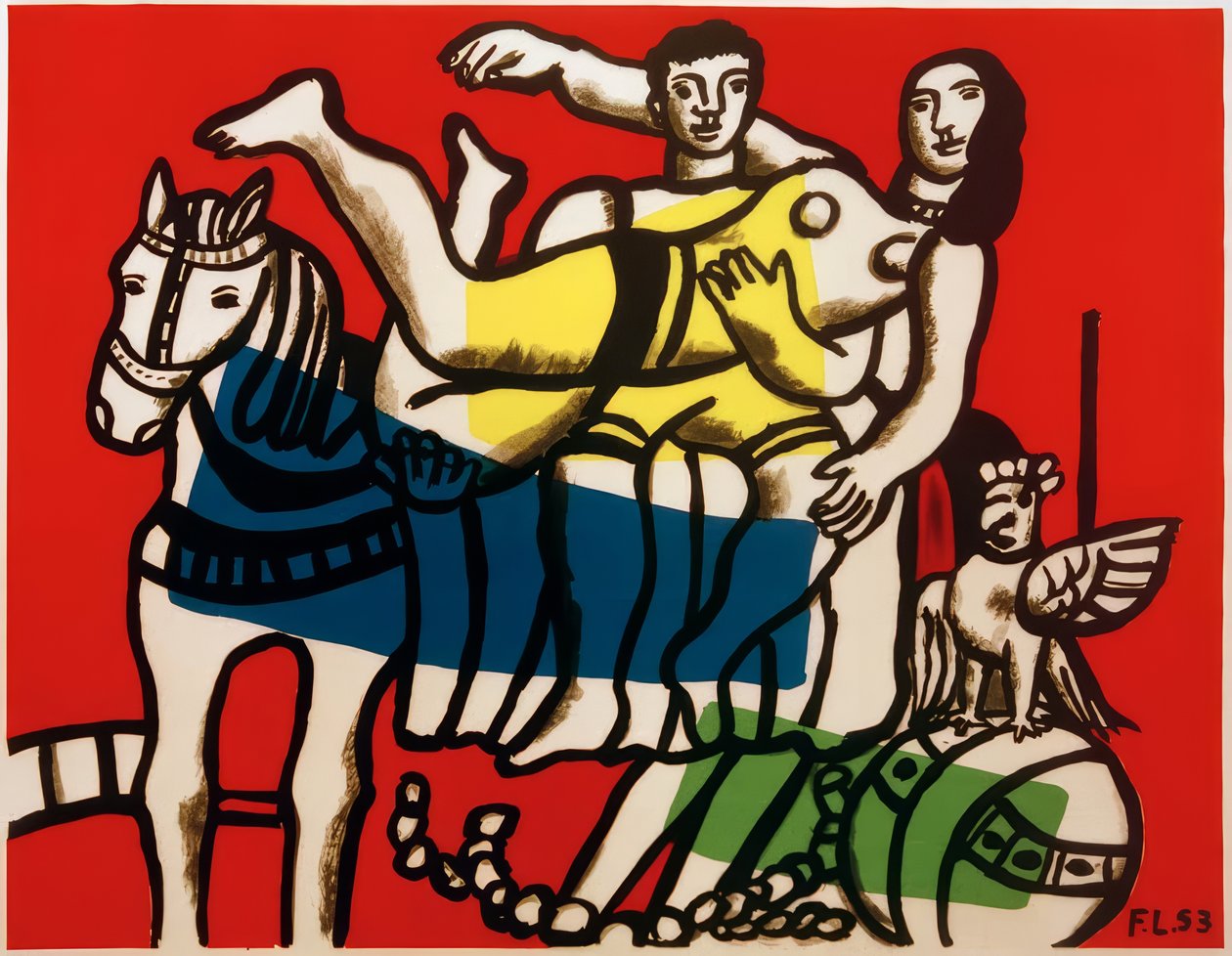 Cirque, kunstnere som utfører hvelving på en hvit hest av Fernand Leger