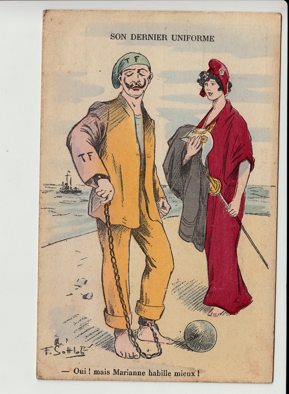 Postkort, Satirical in Colors: Her Last Uniform - War of 14 -18 - Marianne, William II Illustrasjon av Gottlob (1873-1935) av Fernand Louis Gottlob