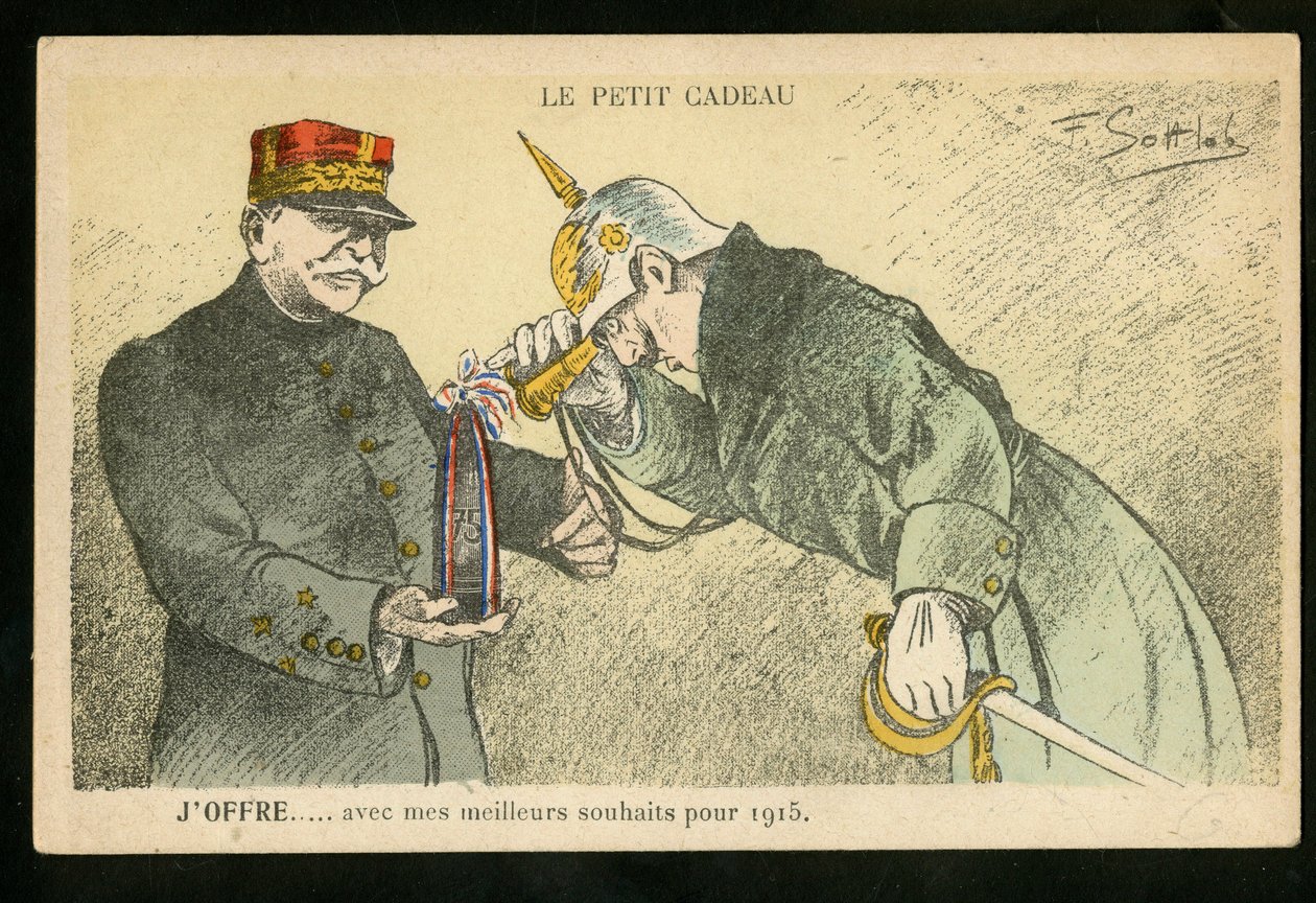 Postkort, satirisk i farger, ca. 1914_12: En liten gave jeg tilbyr med mine beste ønsker for 1915 - War of 14 -18, Canons, shells - William II, Joffre Illustrasjon av Gottlob (1873-1935) av Fernand Louis Gottlob
