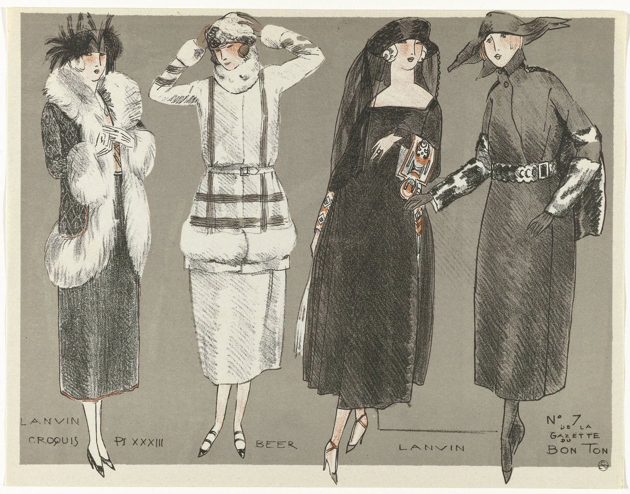 Gazette du Bon Ton, 1920 - nr. 7, Croquis Pl XXXIII: Lanvin / Beer / Lanvin (tittel på objekt) av Fernand Siméon