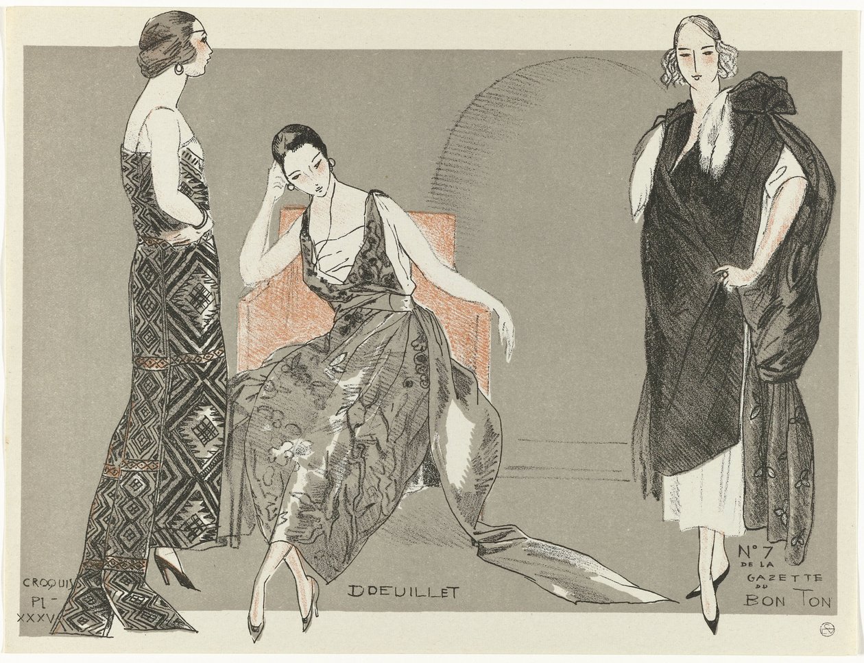 Gazette du Bon Ton, 1920 - nr. 7, Croquis Pl. XXXV: Doeuillet (tittel på objekt) av Fernand Siméon