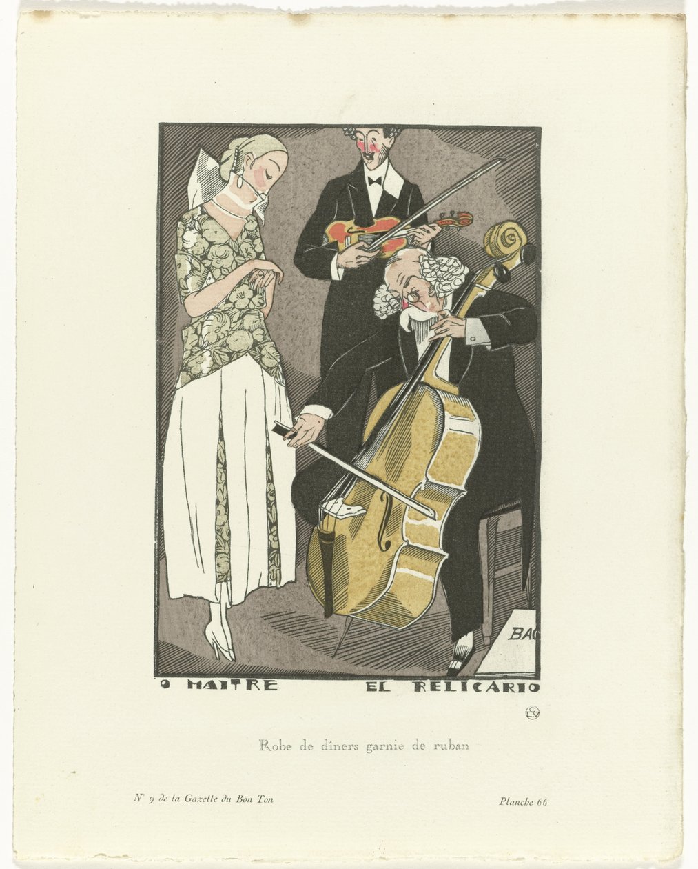 Gazette du Bon Ton, 1920 - nr. 9, Pl. 66: O Maitre el Relicario / Middagskjole trimmet med bånd (tittel på objekt) av Fernand Siméon