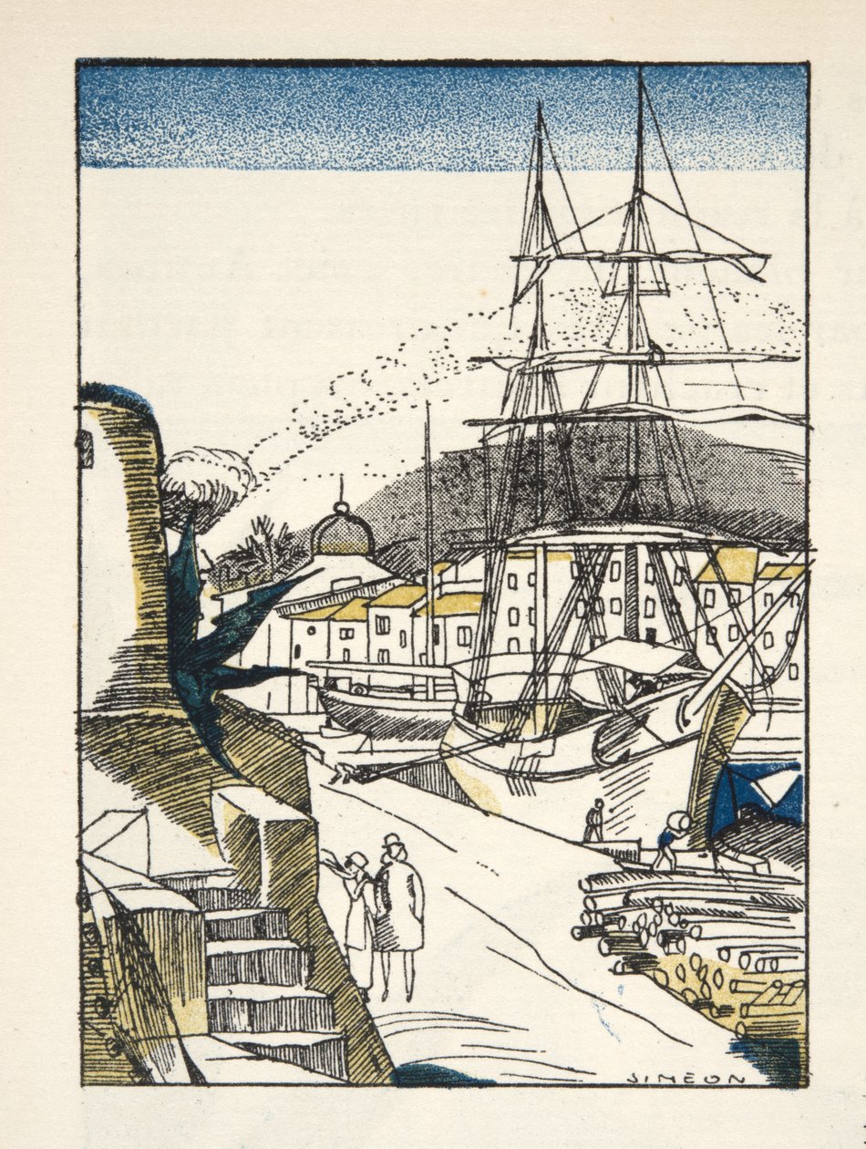St Tropez fra Gazette de Bon Ton, pub. 1920 (stensiltrykk) av Fernand Siméon