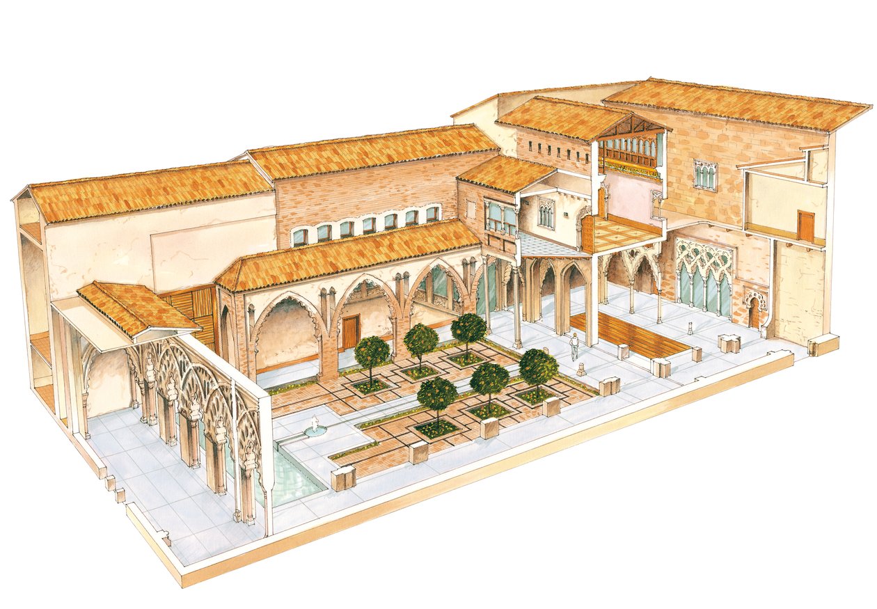 Aljaferia. Zaragoza, Spania. Islamsk palass. Santa Isabel gårdsplass. av Fernando Aznar Cenamor
