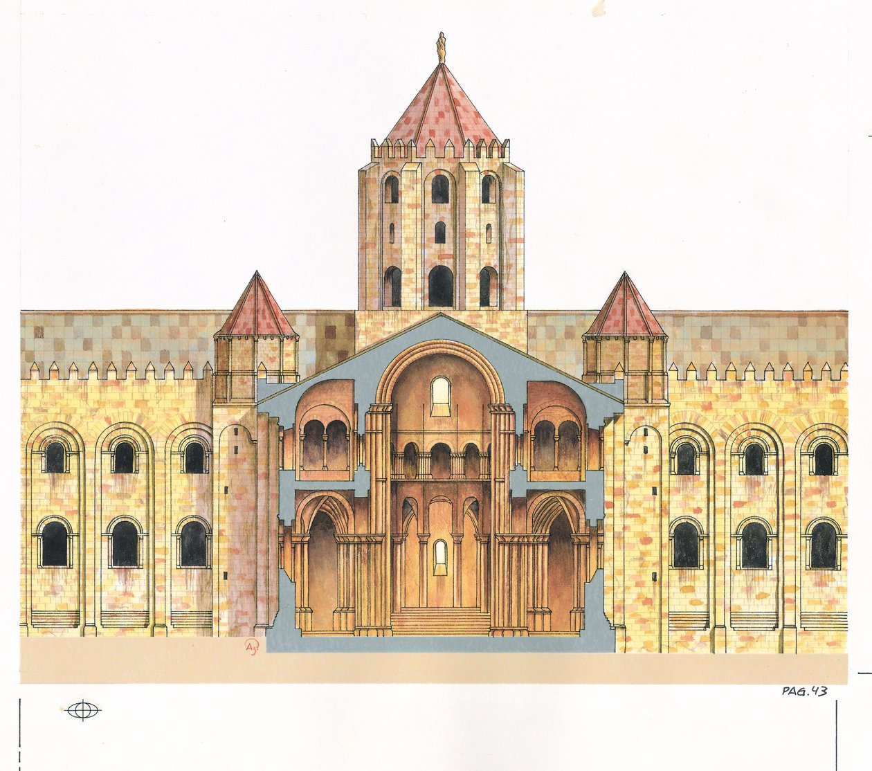 Santiago de Compostela romanske katedral.Tverrsnitt. Spania av Fernando Aznar Cenamor