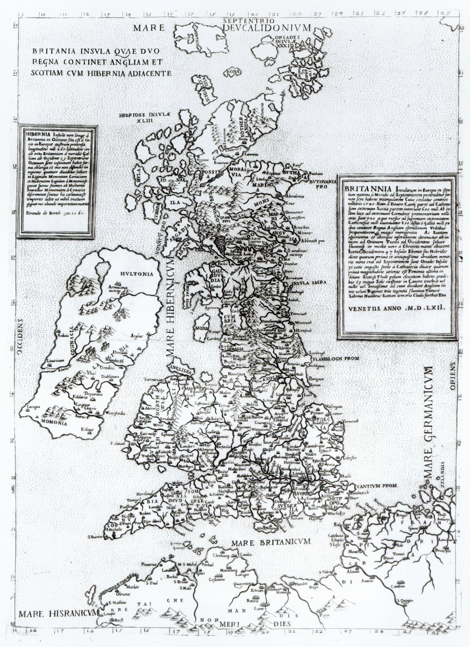 Storbritannias øy som inneholder kongedømmene England og Skottland ved siden av Irland, gravert av Paulo Forlani, 1562 (kobberstikk) av Fernando Bertelli
