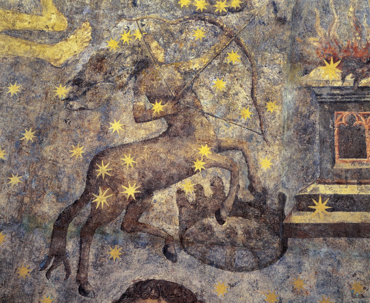 Gotisk periode. Dome of the Zodiac (1485) av Fernando Gallego (1440-1507). XV århundre. Veggmalerier. De dekorerer biblioteket til universitetet i Salamanca, Castilla, Spania. Representerer tegn på dyrekretsen. Kentaur. Symbol for stjernebildet. av Fernando Gallego