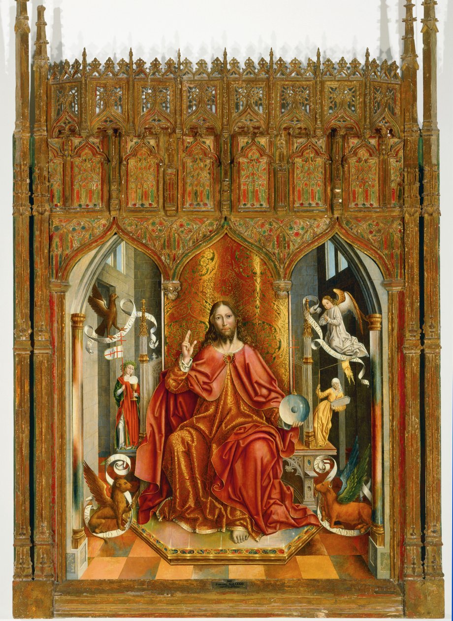 Jesus Kristus velsigner med kirken og synagogen … av Fernando Gallego