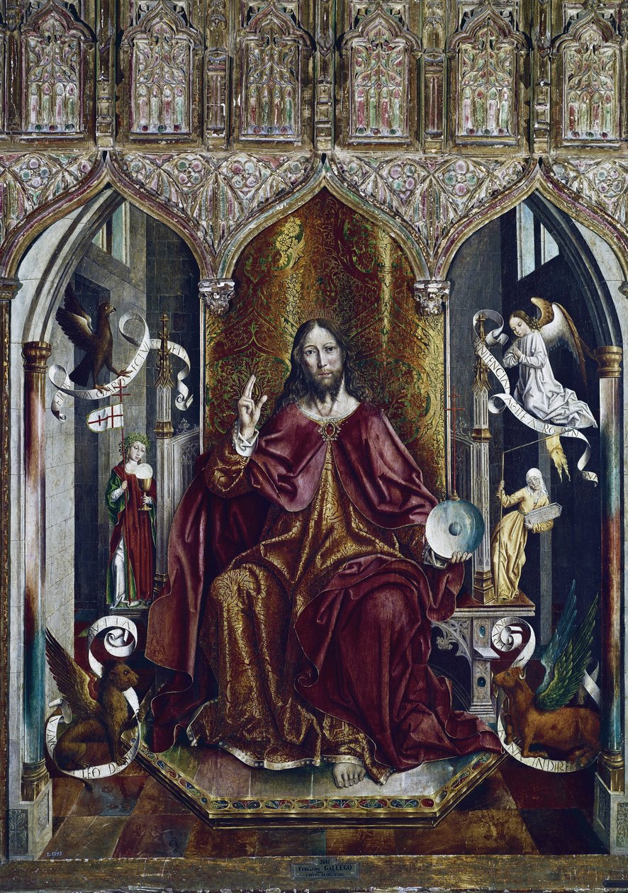 The Blessing Christ (blandet metode på panel, ca. 1494-1496) av Fernando Gallego