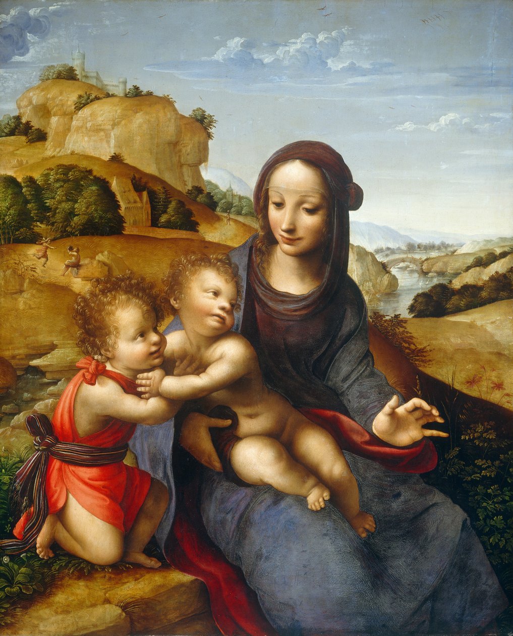 Madonna og barn med spedbarnet Saint John, ca. 1505. av Fernando Yáñez de la Almedina