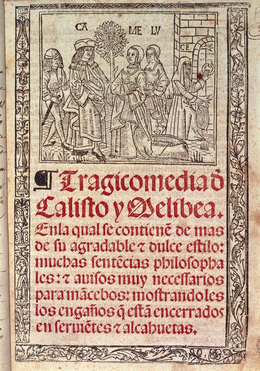 Miniatyr på pergament på omslaget til The Celestina eller The Tragicomedy of Callisto and Melibea, utgitt i av Fernando de Rojas